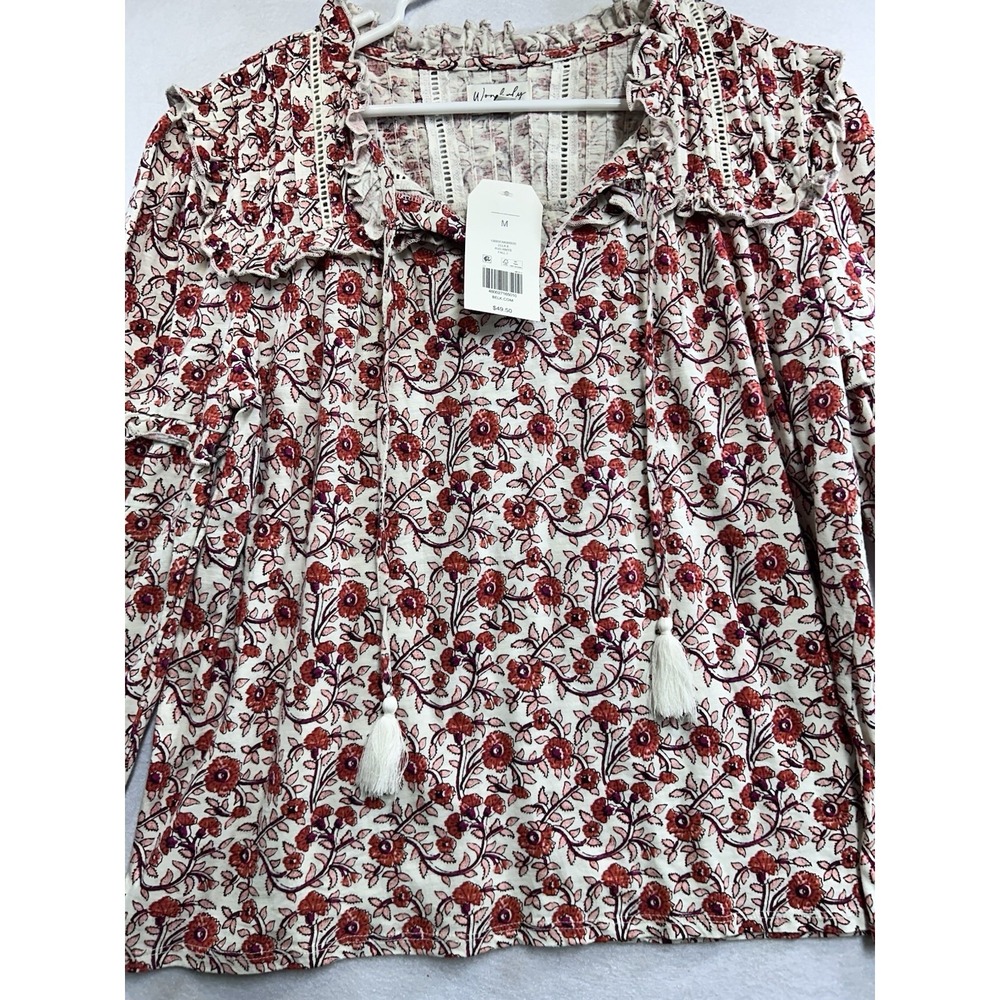 Wonderly Women's SizeM  Floral Peasant Long Sleeve Tie Neck Tassel Blouse NWT